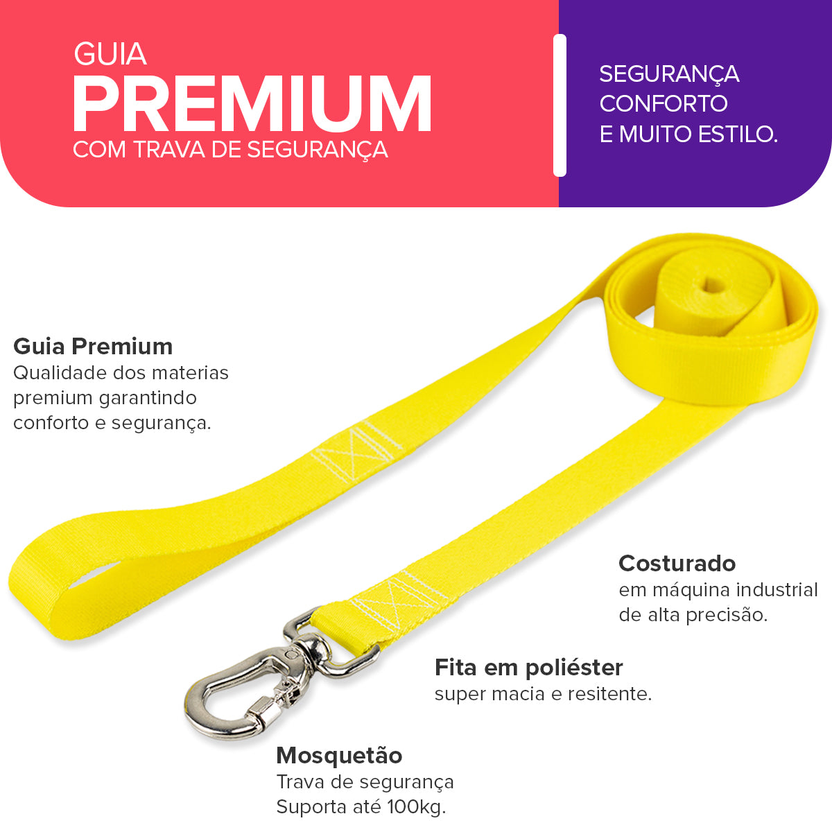 Guia Longa 2 Metros para Cachorros Amarelo Basic Pet