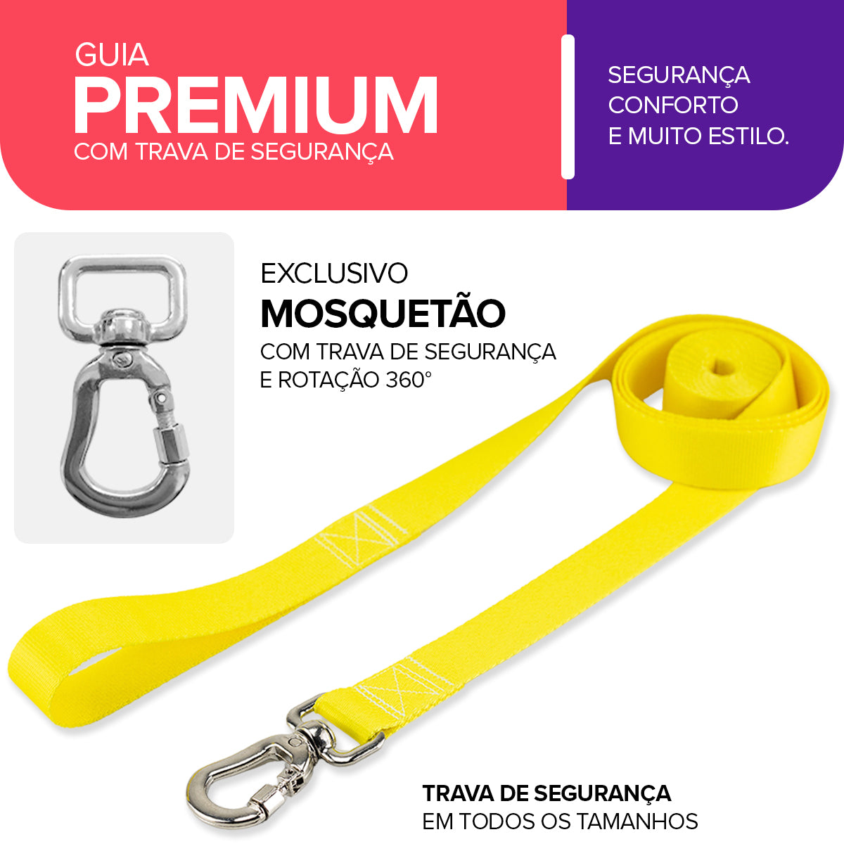Guia Longa 2 Metros para Cachorros Amarelo Basic Pet