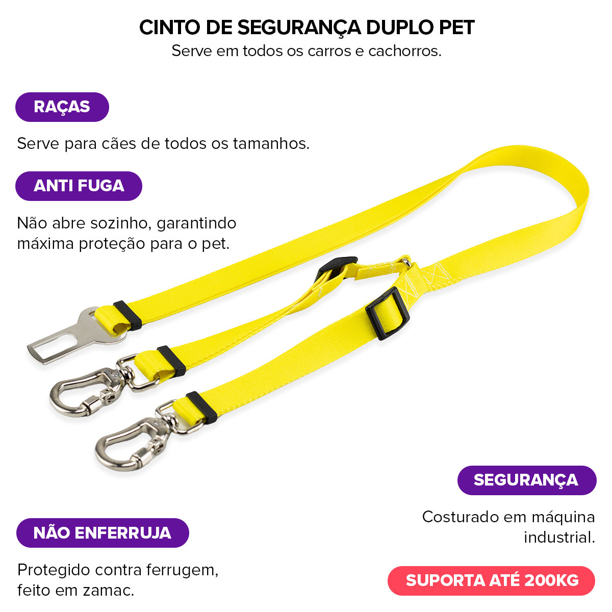 Cinto de Segurança Duplo Amarelo Basic Pet