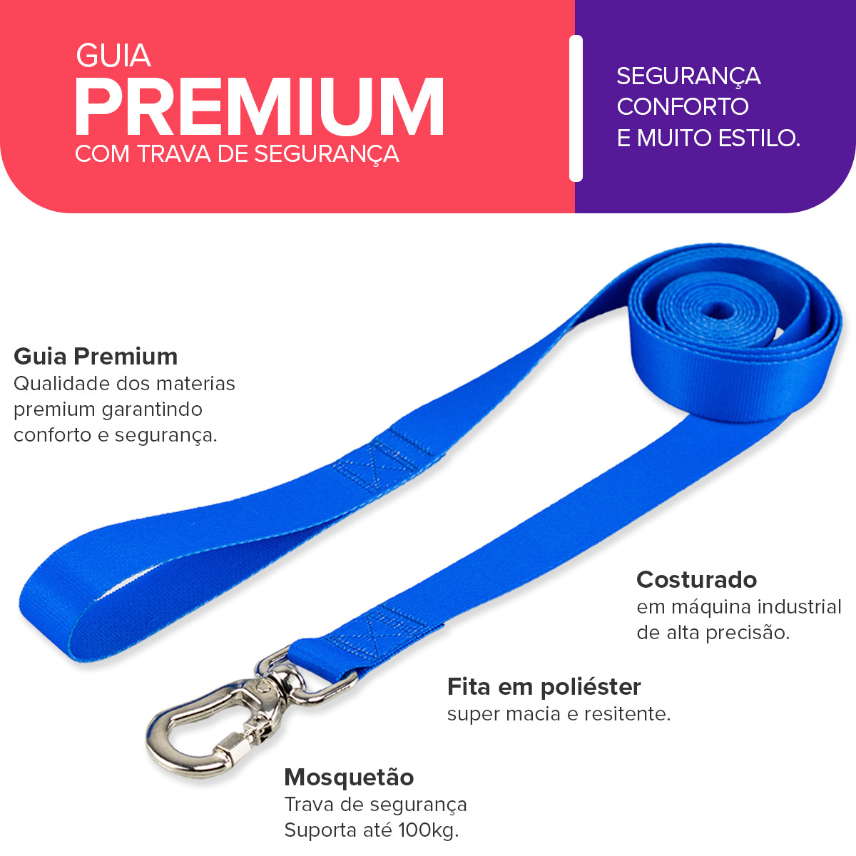 Guia Longa 2 Metros para Cachorros Azul Basic Pet