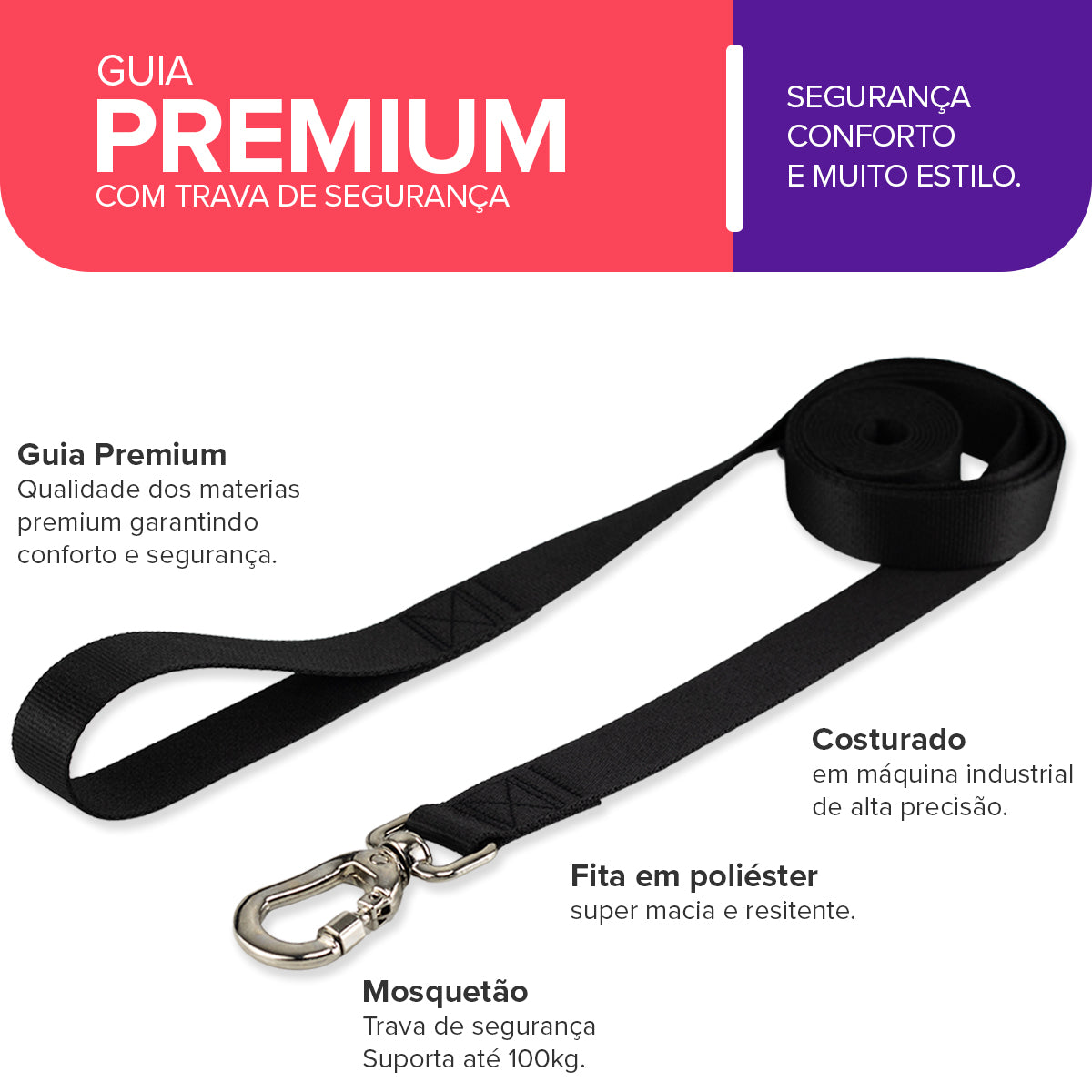 Guia Longa 2 Metros para Cachorros Preto Basic Pet