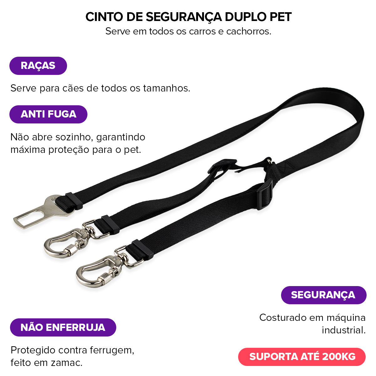 Cinto de Segurança Duplo Preto Basic Pet