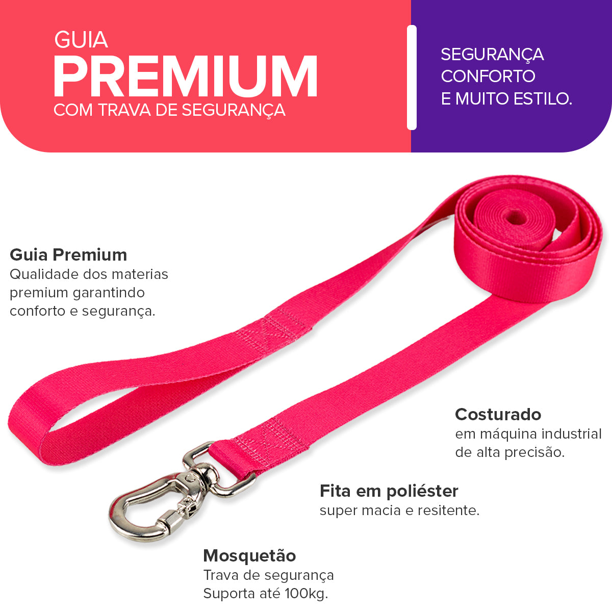 Guia Longa 2 Metros para Cachorros Rosa Basic Pet