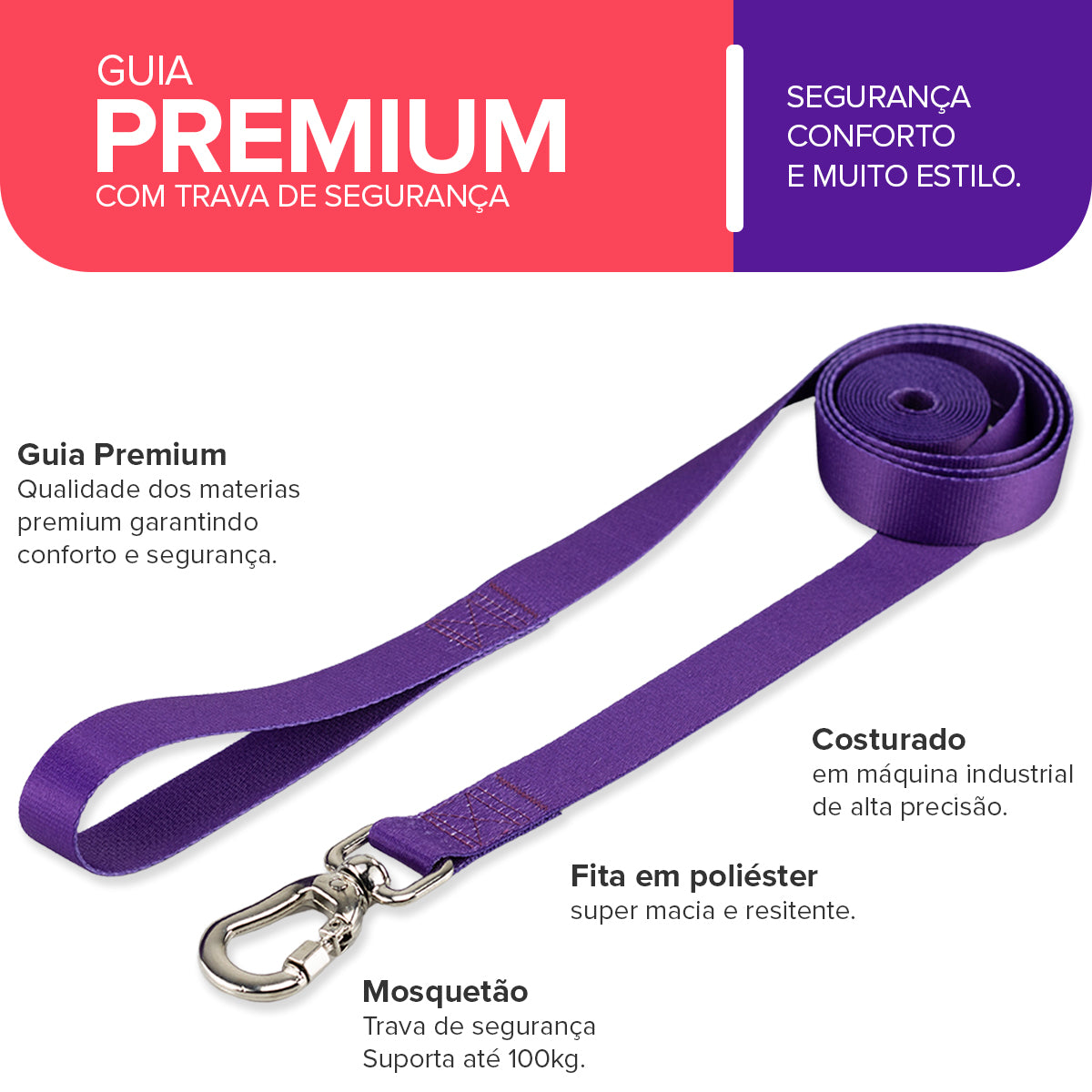 Guia Longa 2 Metros para Cachorros Roxo Basic Pet