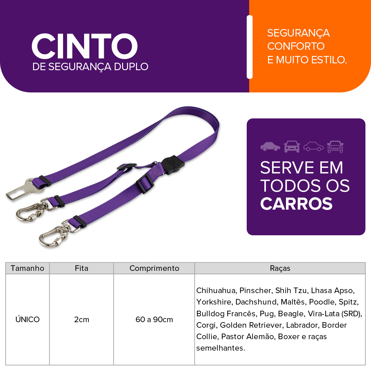 Cinto de Segurança Duplo Purple Mood Pet