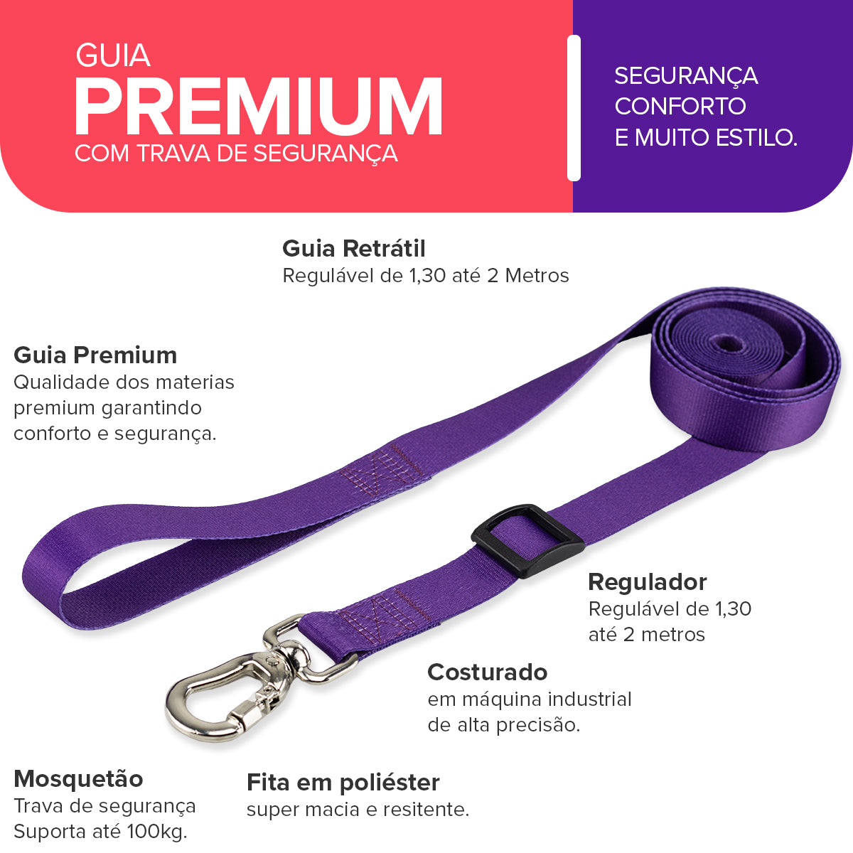 Guia Retrátil para Cachorros Roxo Basic Pet