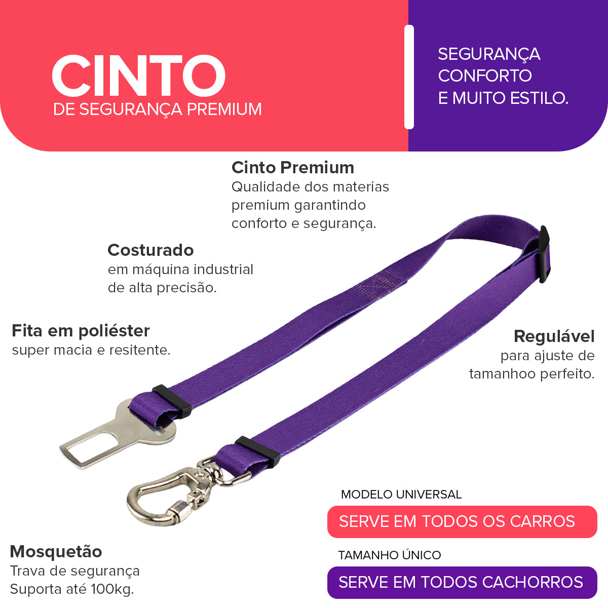 Cinto de Segurança Pet Roxo Basic Pet