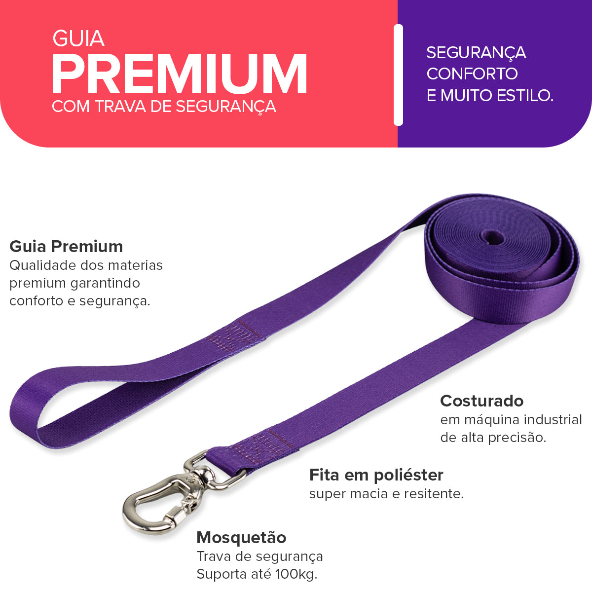 Guia Longa 10 Metros para Cachorros Roxo Basic Pet