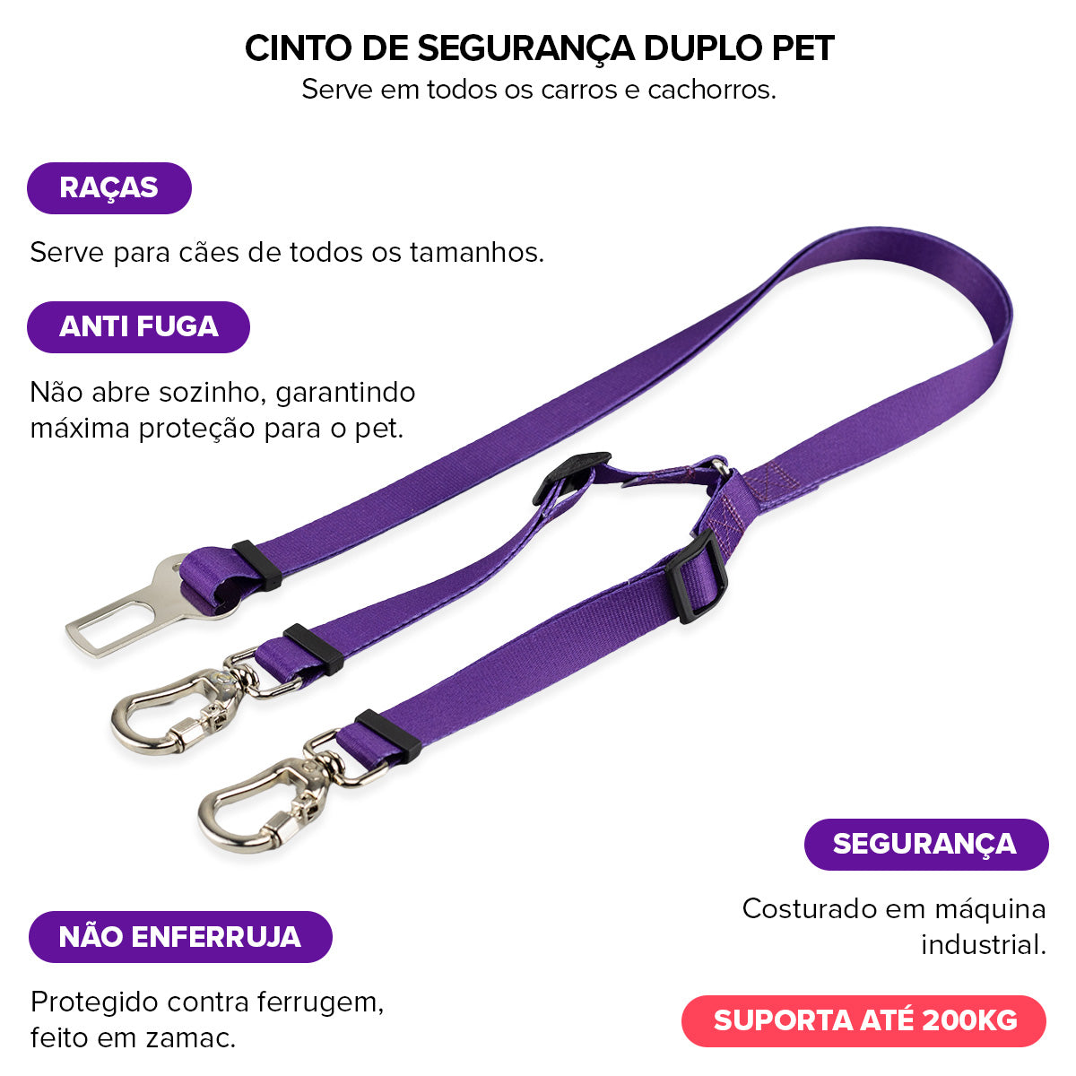 Cinto de Segurança Duplo Roxo Basic Pet