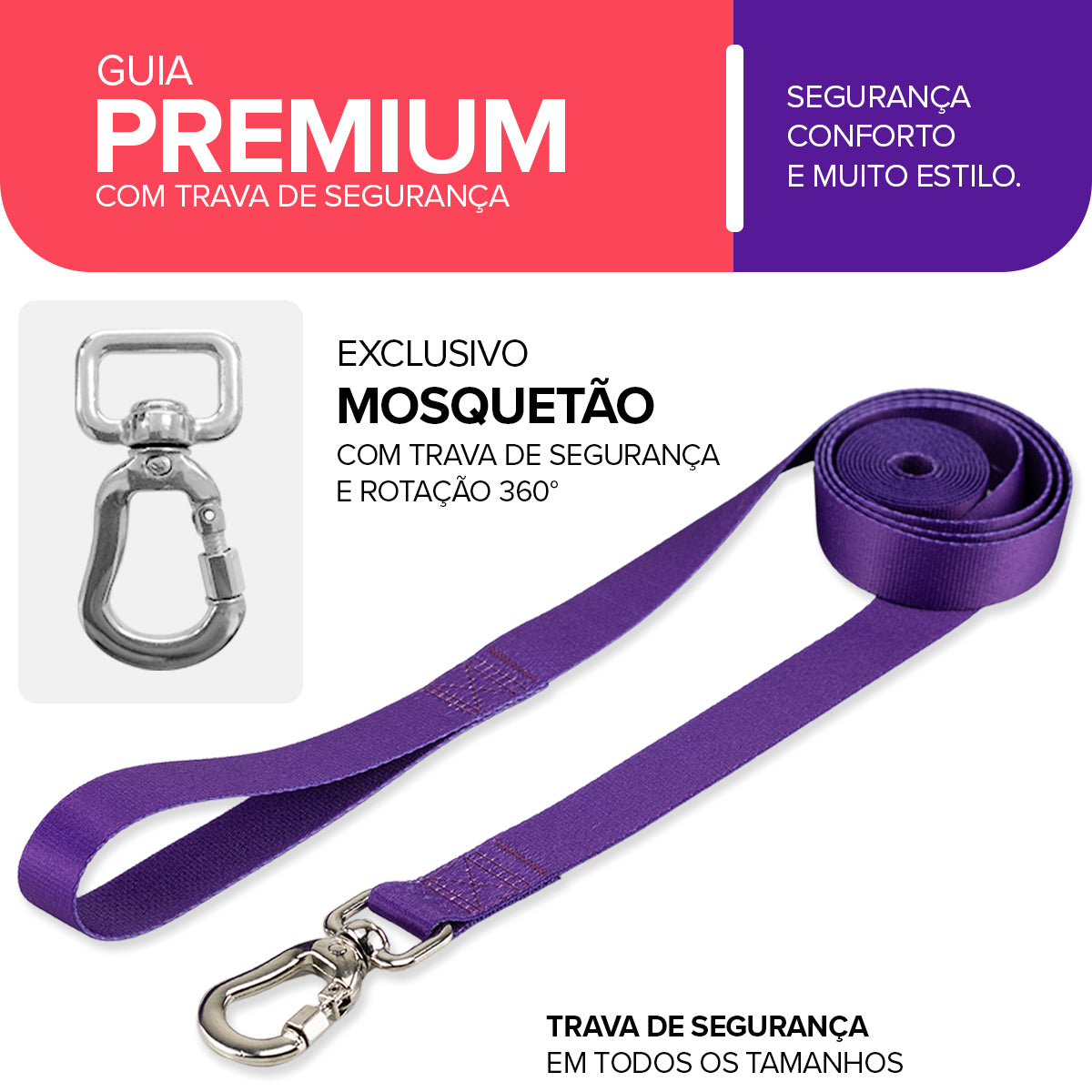Guia Longa 2 Metros para Cachorros Roxo Basic Pet