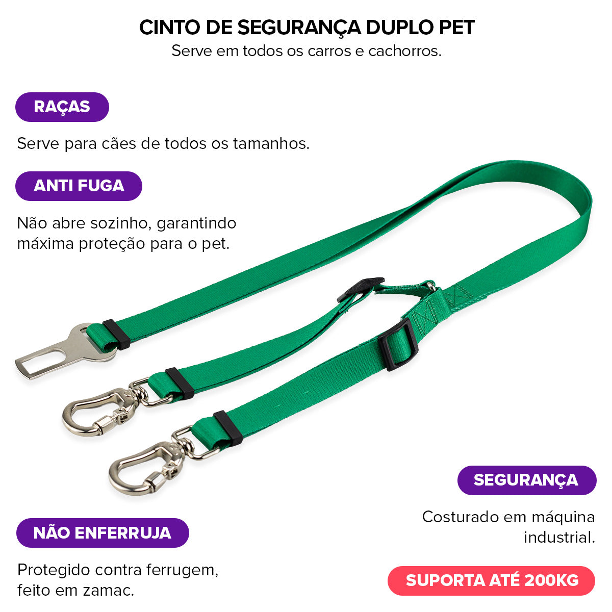 Cinto de Segurança Duplo Verde Basic Pet